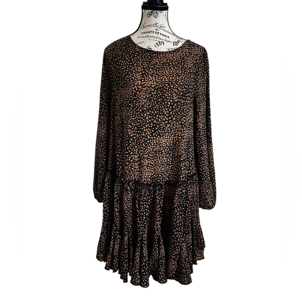 NWT Flawless Leopard Print Mini Dress Boho Ruffle Hem Long Sleeve Drop Waist S